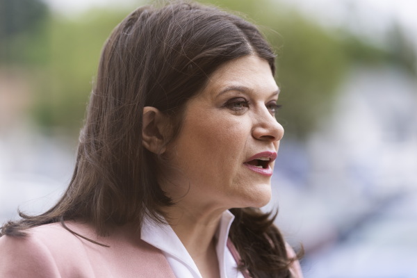 DETROIT, MICHIGAN - AUGUST 02: U.S. Rep. Haley Stevens (D-MI), candidate for Michigan's open U.S. Senate seat, speaks to the press before talking to churchgoers at Fellowship Chapel on August 2, 2026 in Detroit, Michigan. Abdul El-Sayed, an epidemiologist currently holds a double-digit lead against Stevens, a four-term congresswoman according to recent polling. (Photo by Finn Gomez/Getty Images)