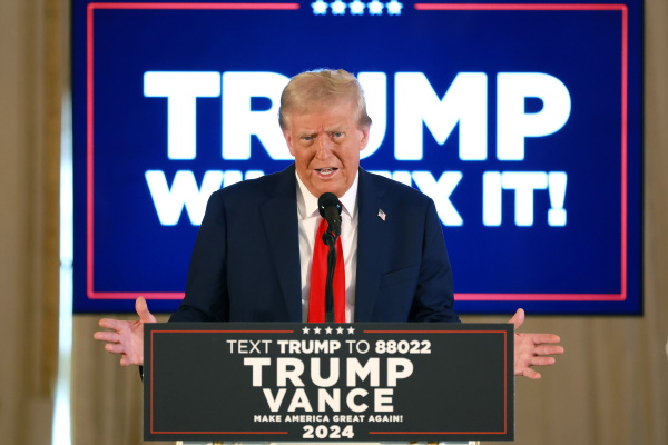 Former President Donald Trump speaks during a press conference in the ballroom of the Mar-a-Lago Club in Palm Beach, Fla., on Tuesday.