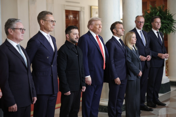 President Trump and Ukrainian President Volodymyr Zelensky pose for a picture with European leaders following a meeting in the Oval Office at the White House on Monday. From Left are British Prime Minister Keir Starmer, Finnish President Alexander Stubb, Zelensky, President Trump, French President Emmanuel Macron, Italian Prime Minister Giorgia Meloni, German Chancellor Friedrich Merz, and NATO Secretary-General Mark Rutte.