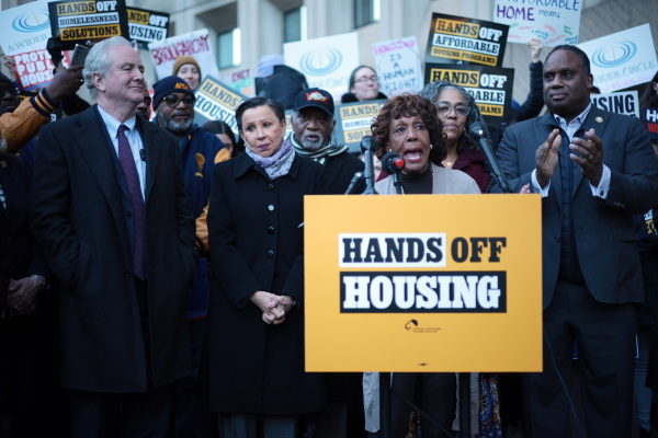 U.S. Rep. Maxine Waters, D-Calif., speaks during a March 3 protest outside the Department of Housing and Urban Development building in Washington, D.C. The protestors oppose Trump administration cuts to the agency's staff and funding.