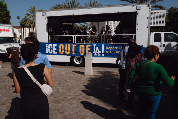 Community members hold a concert at Placita Olvera in downtown Los Angeles to protest recent ICE raids that have left the community in fear. June 19, 2025. Zaydee Sanchez for NPR