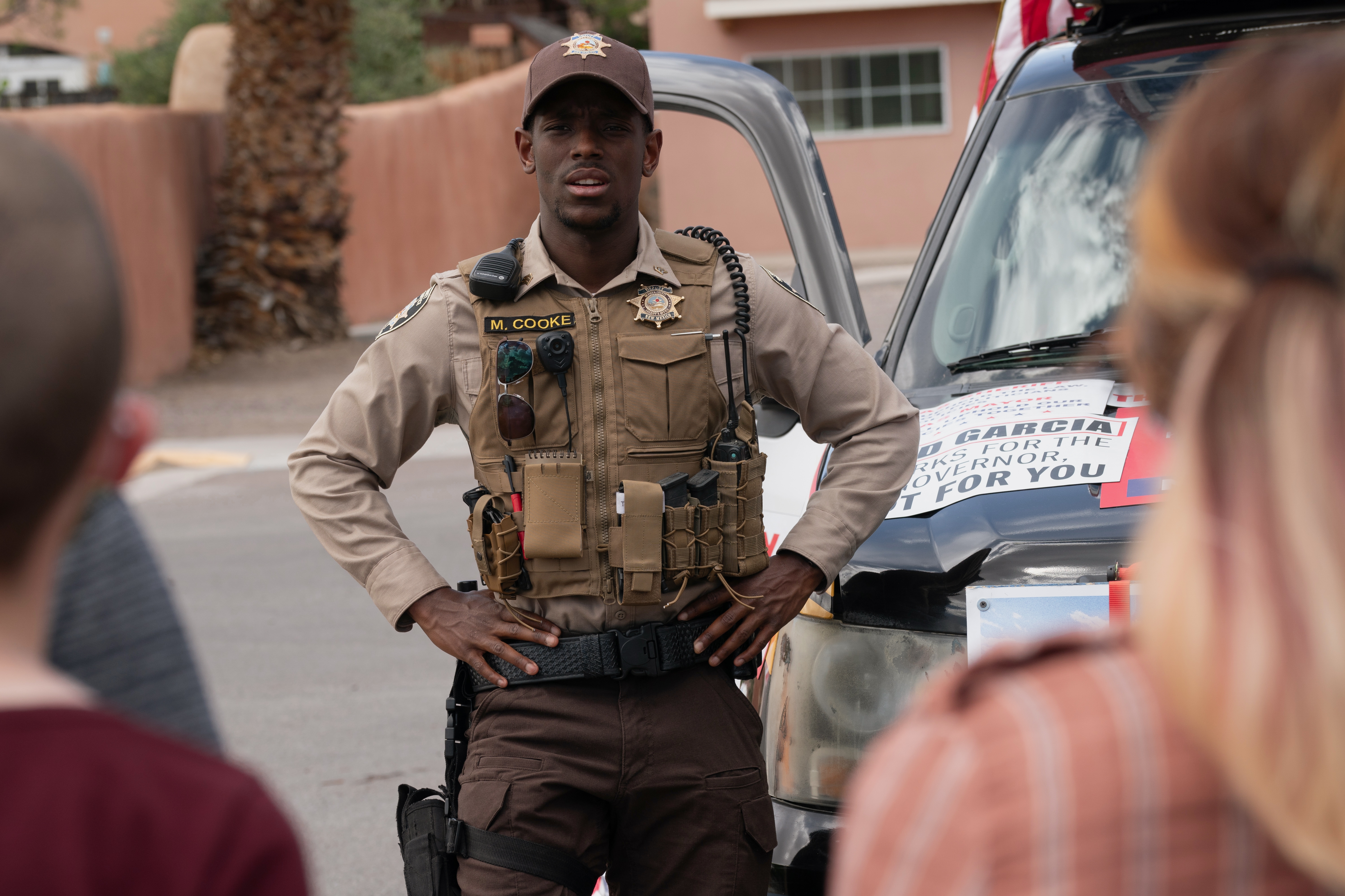 Micheal Ward plays the sole Black character in<em> Eddington. Of course</em> he's a police officer. (A24)