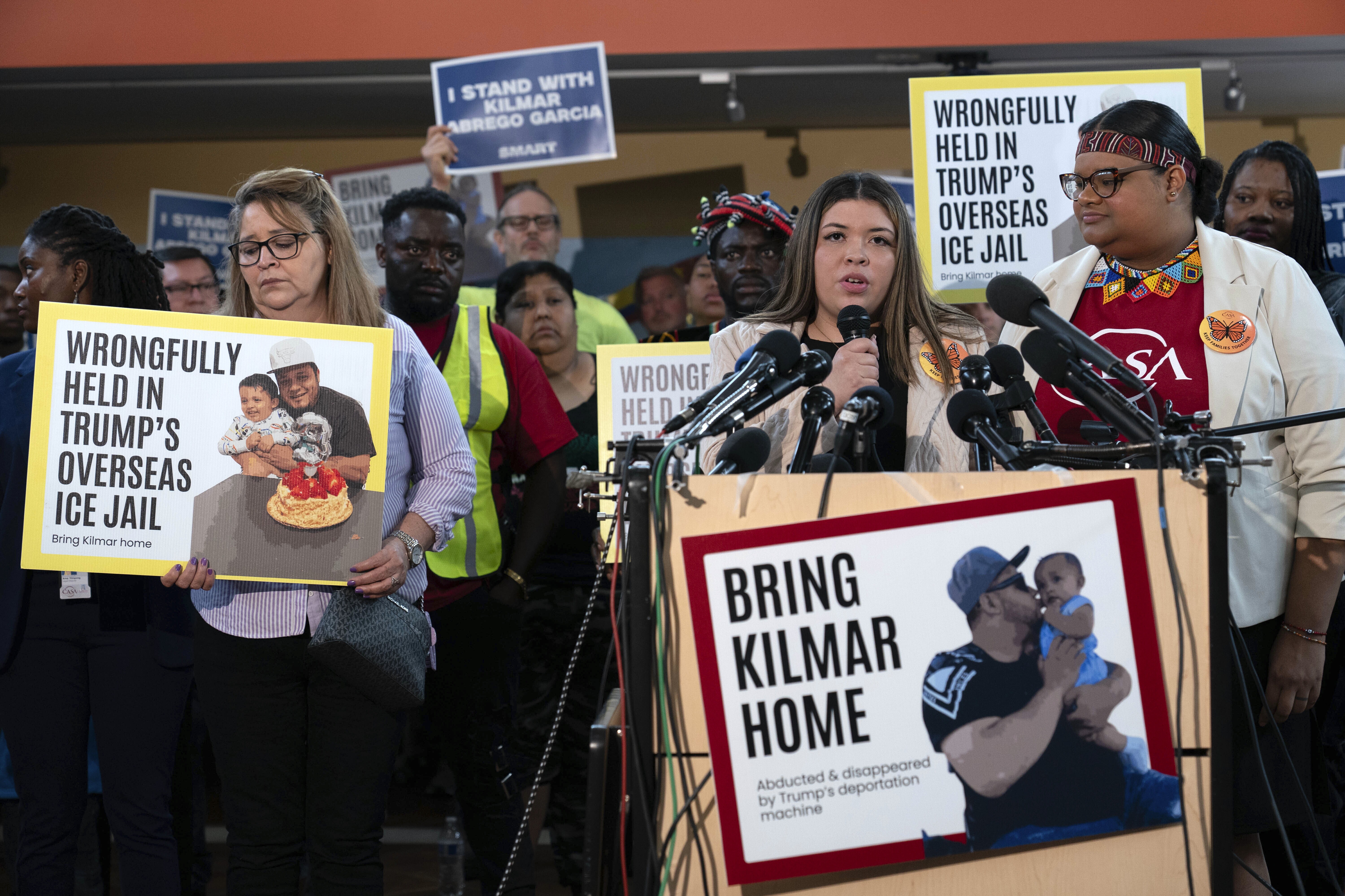 Jennifer Vasquez Sura, the wife of Kilmar Abrego Garcia of Maryland, who was mistakenly deported to El Salvador, speaks during a news conference Friday at CASA's Multicultural Center in Hyattsville, Md. (AP)