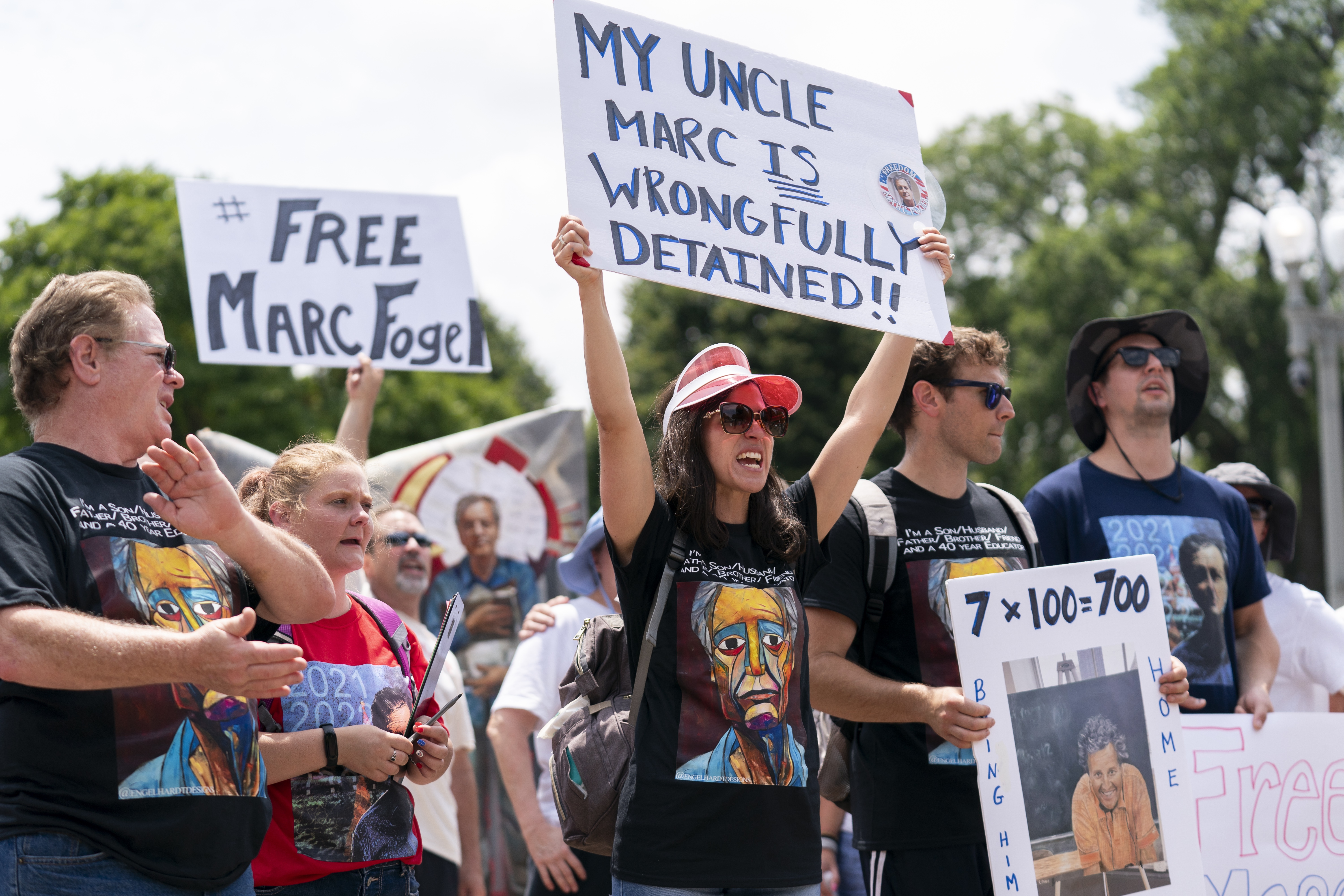 Ellen Keelan, center, and other family members rally outside the White House for the release of Marc Fogel, detained in Russia since August 2021, on July 15, 2023. (AP)