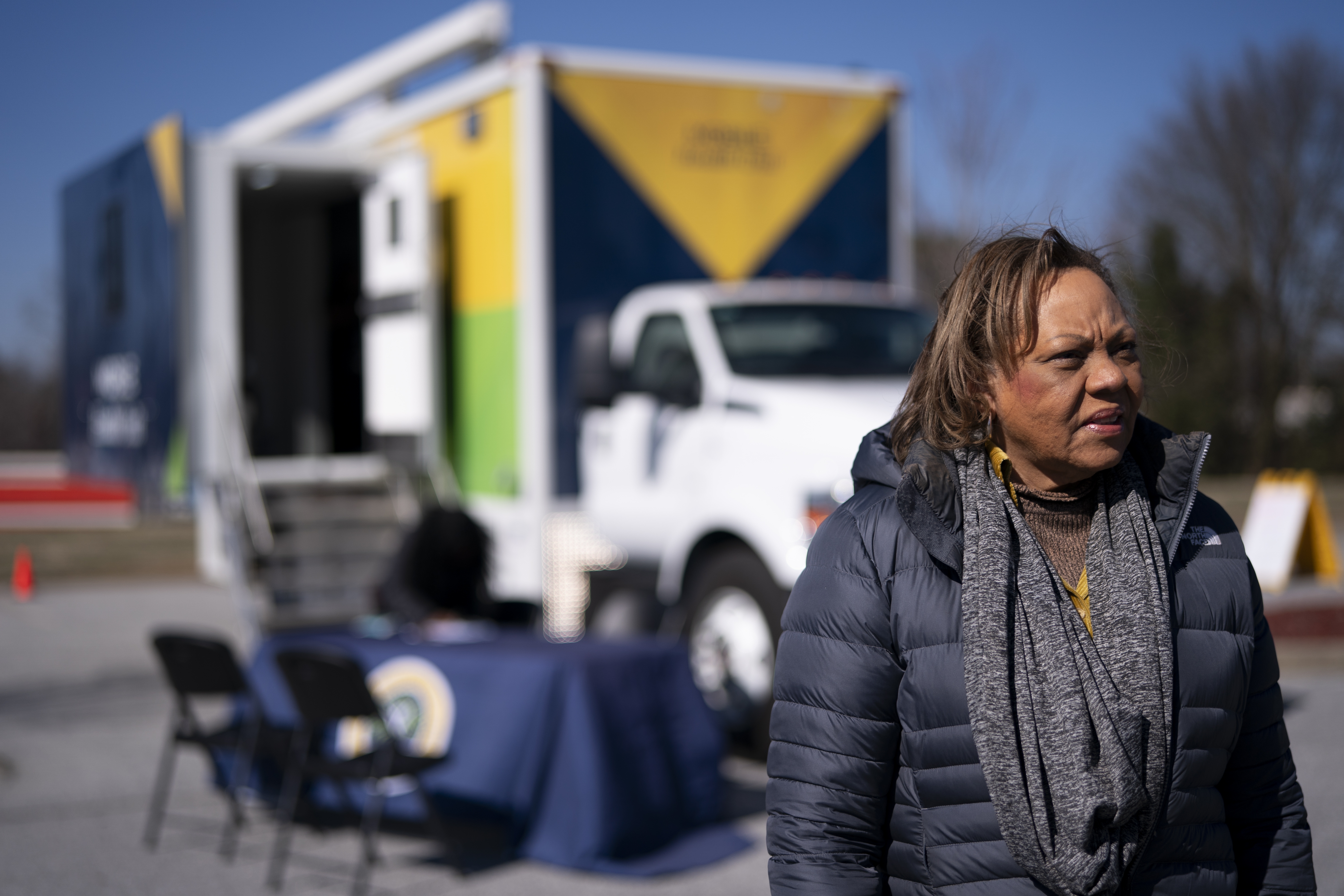 South Carolina State Rep. Rosalyn Henderson-Myers (D-Spartanburg) stands outside a mobile clinic offering free measles vaccinations on Friday in Spartanburg, S.C. The Centers for Disease Control and Prevention hasn