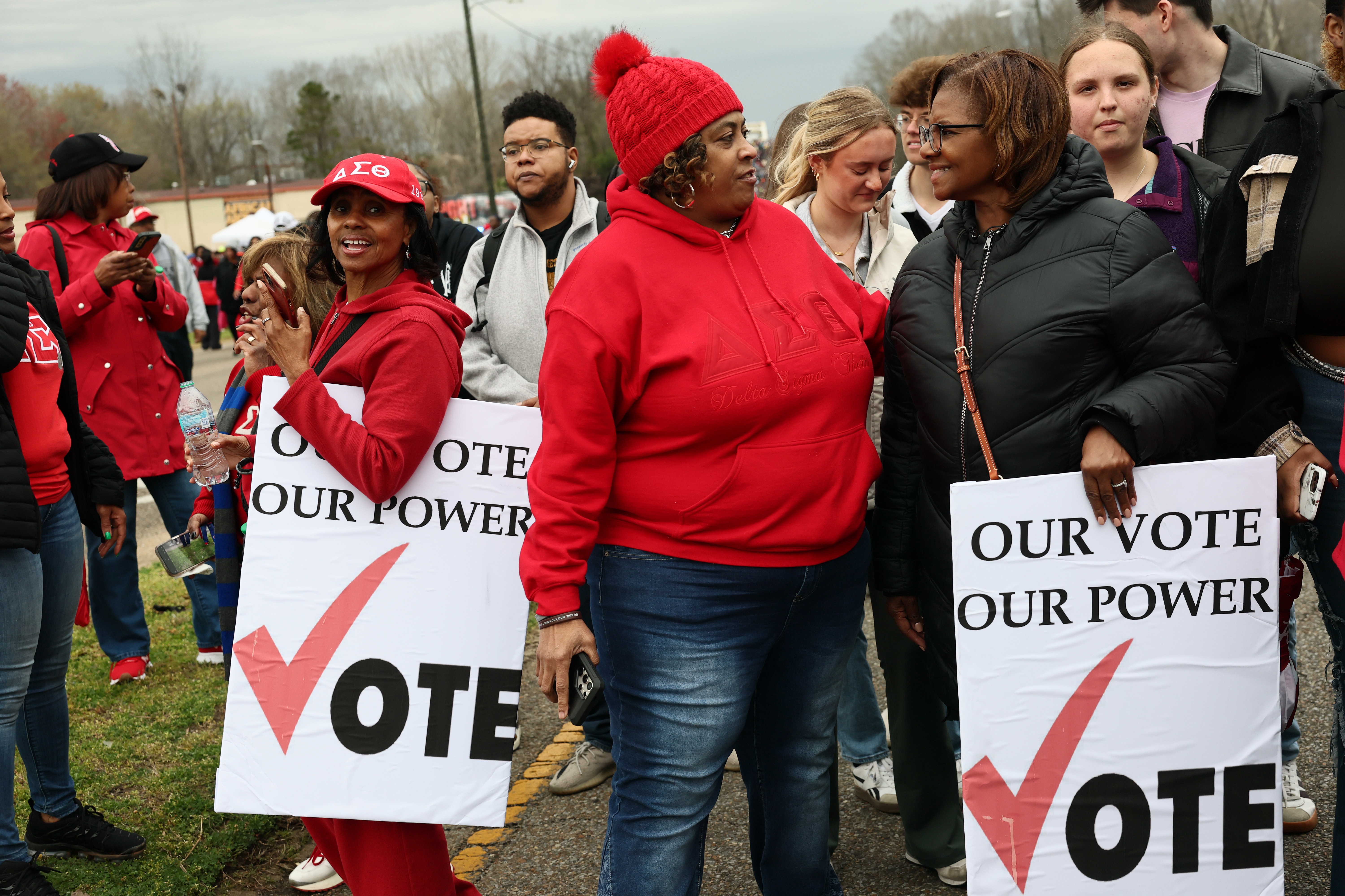 Members of Delta Sigma Theta sorority and other marchers gather in Selma, Ala., in 2025 to commemorate the 60th anniversary of the Bloody Sunday march that propelled the passing of the Voting Rights Act.