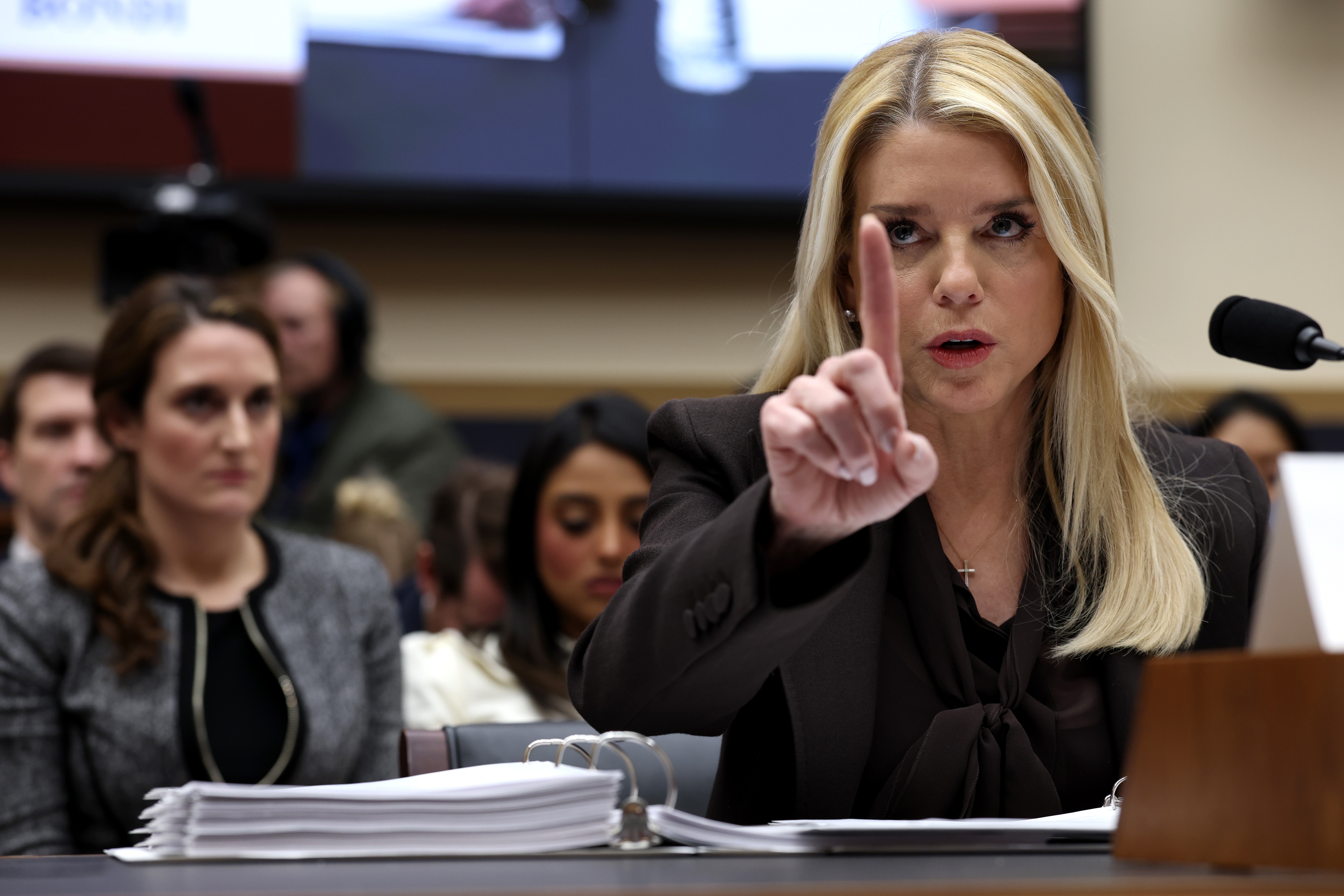 Attorney General Pam Bondi testifies before the House Judiciary Committee in Washington, D.C., on Feb. 11. Bondi has defended the Justice Department