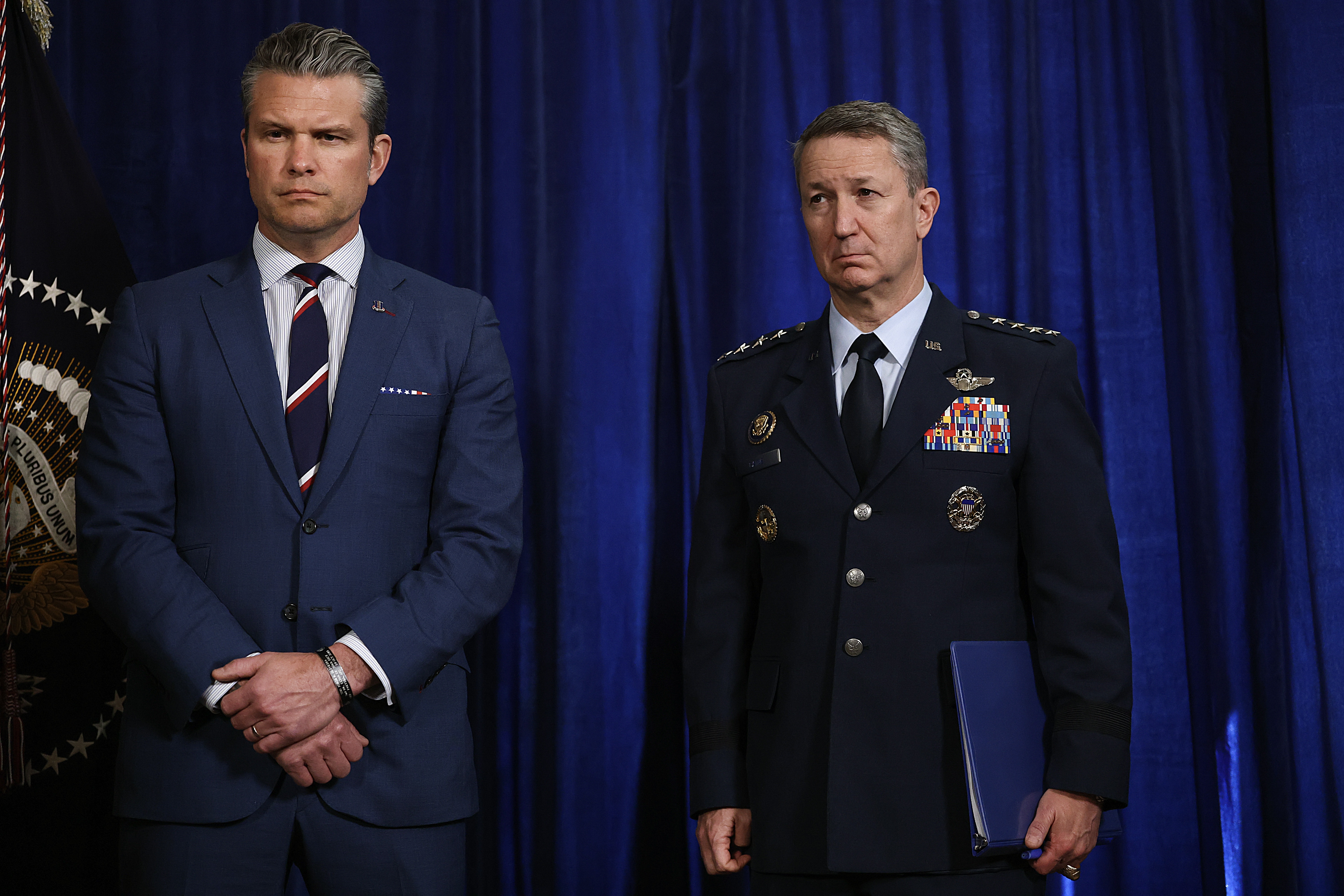 Pentagon chief Pete Hegseth and Dan Caine, chair of the Joint Chiefs of Staff, seen here in January, detailed the U.S. operation against Iran.