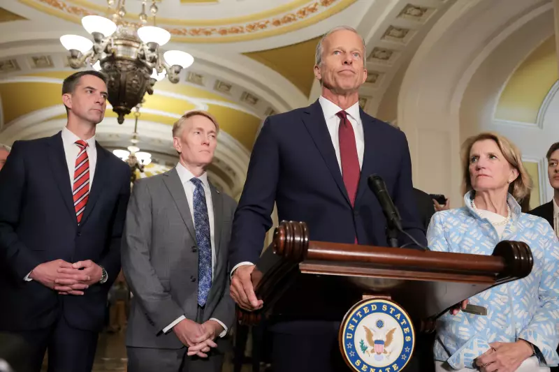 Senate Majority Leader John Thune, R-S.D., speaks to reporters after President Trump's announcement that he was appointing Bill Pulte as acting director of national intelligence. Thune was joined by Sen. Tom Cotton, R-Ark., Sen. James Lankford, R-Okla., Sen. John Barrasso, R-Wyo. and Sen. Shelley Moore Capito, R-W.Va.
