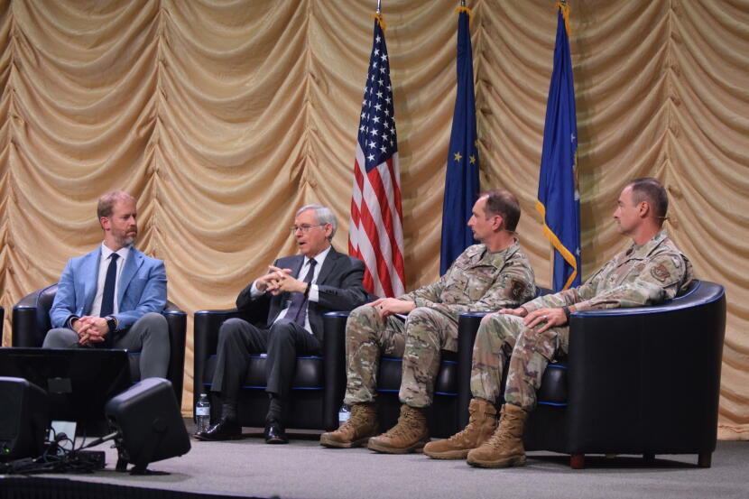 Alaska Defense Forum participants discuss community needs across Alaska and their connections to military readiness. From left to right: Fairbanks North Star Borough Mayor Grier Hopkins, Deputy Assistant Secretary of the Air Force Robert Moriarty, Eielson Air Force Base Commander Col. Matthew Johnston, and Joint Base Elmendorf-Richardson Commander Col. David Werner.