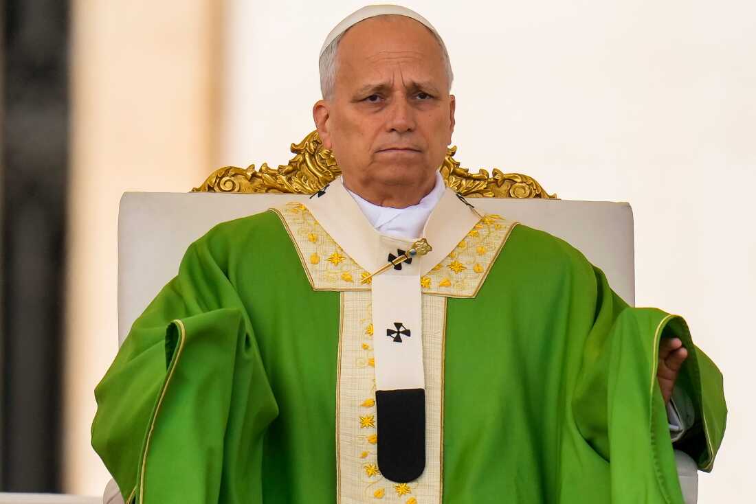 Pope Leo XIV presides over a Mass in St. Peter's Square. (AP Photo/Gregorio Borgia)