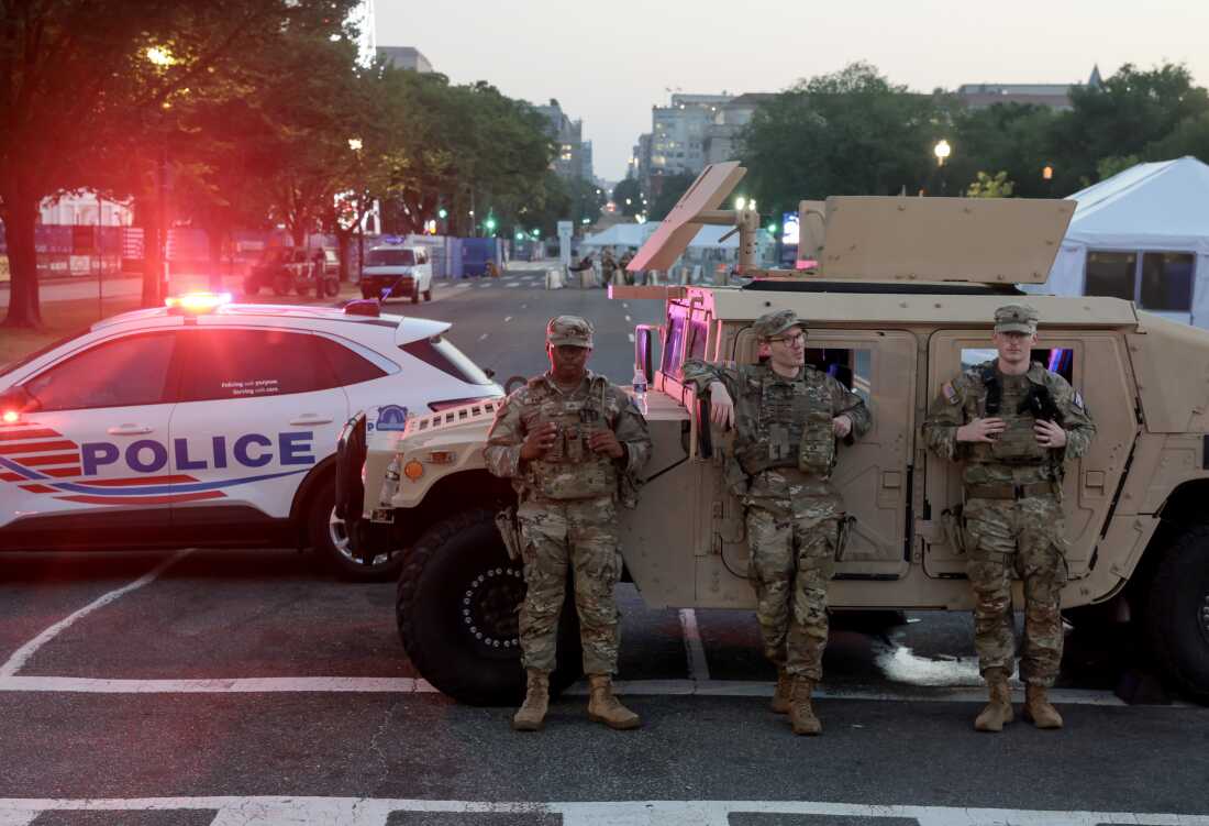 National Guard members provide security ahead of July 4th festivities on July 03, 2026, in Washington, DC.