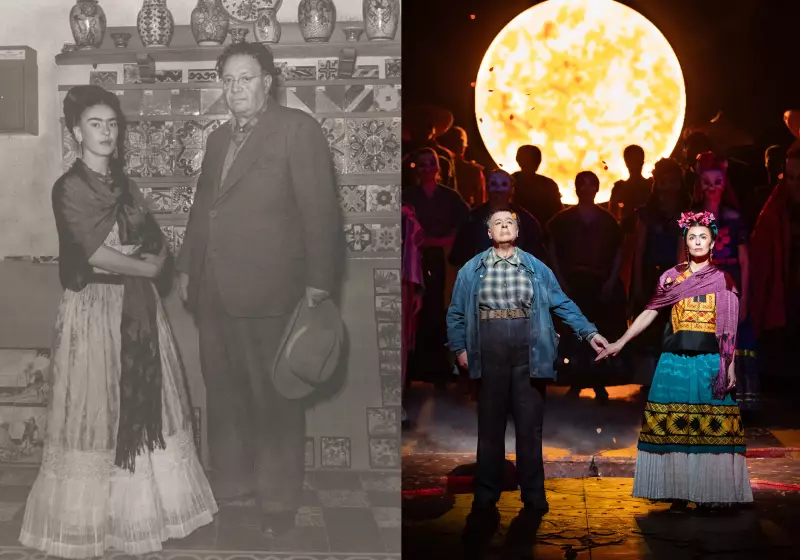 Frida Kahlo and Diego Rivera's artistic and personal relationship has fascinated generations through books, films, plays and now an opera. Left: Leo Matiz. Diego Rivera and Frida Kahlo, Mexico. 1946. Platinum/palladium print. The Museum of Modern Art, New York. Right: Carlos Álvarez as Diego and Isabel Leonard as Frida in Gabriela Lena Frank's El Último Sueño de Frida y Diego.
