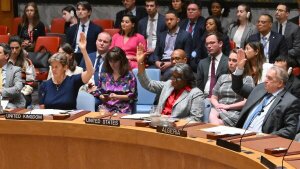 U.S. Ambassador to the United Nations Linda Thomas-Greenfield (center) votes during a U.N. Security Council meeting on the situation in the Middle East at U.N. headquarters on Monday. The Security Council adopted a U.S.-drafted resolution supporting a cease-fire plan in Gaza.