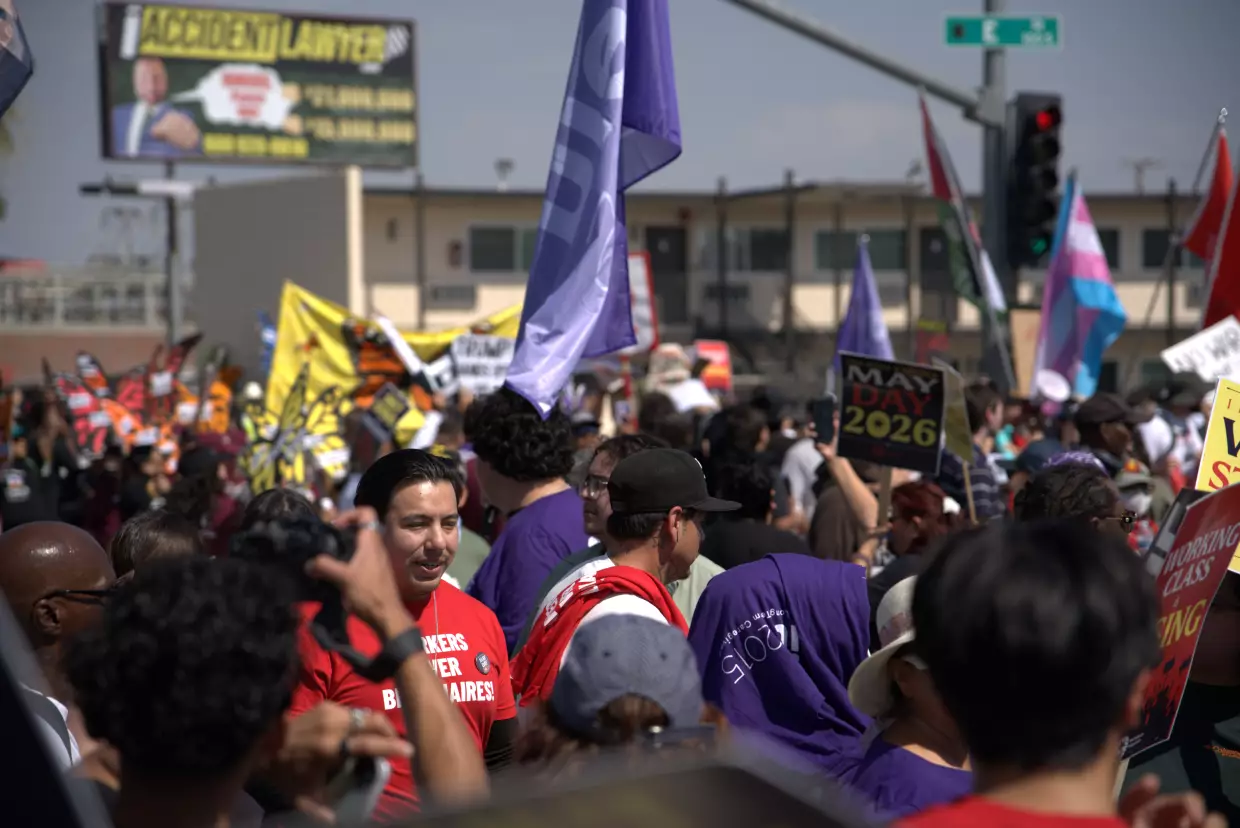 Hundreds of protesters took to the streets in San Bernardino on Friday, May 1, 2026 for a May Day event to protest the Trump administration's immigration policies.
