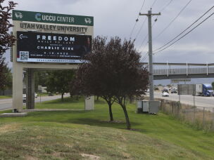 A campus billboard advertises a memorial for Charlie Kirk on the campus of Utah Valley University in Orem, Utah.