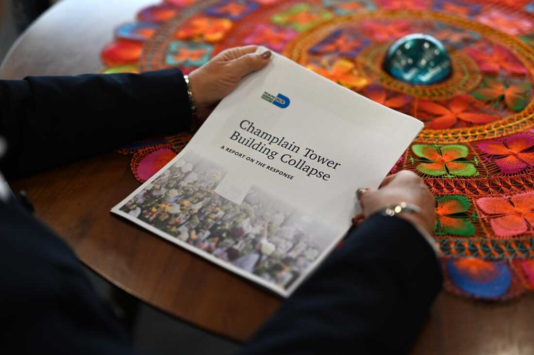 Miami-Dade Mayor Daniella Levine Cava holds a copy of a report on the Surfside condominium collapes. Photo taken in her office in Miami on April 29, 2026.