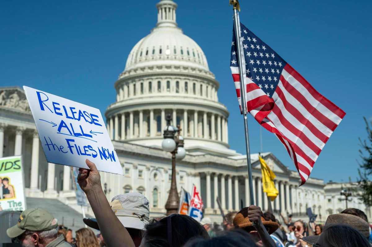 Protesters rally at a news conference calling for Congress to release all of the Jeffrey Epstein files, outside the U.S. Capitol, Wednesday, Sept. 3, in Washington.
