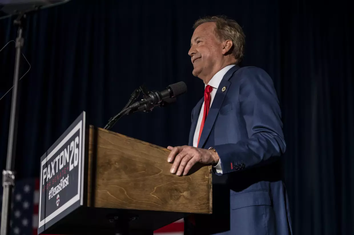 Republican Senate nominee Ken Paxton speaks to supporters at a watch party on March 3 in Dallas. Paxton beat incumbent Sen. John Cornyn in a runoff for the nomination, setting up a tough fight in November against Democratic nominee, state Rep. James Talarico.