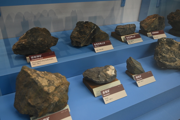 Samples of rare earth minerals from Bayan Obo mining district are on display at the Institute of Geology and Geophysics, Chinese Academy of Sciences, on May 17, in Beijing, China.