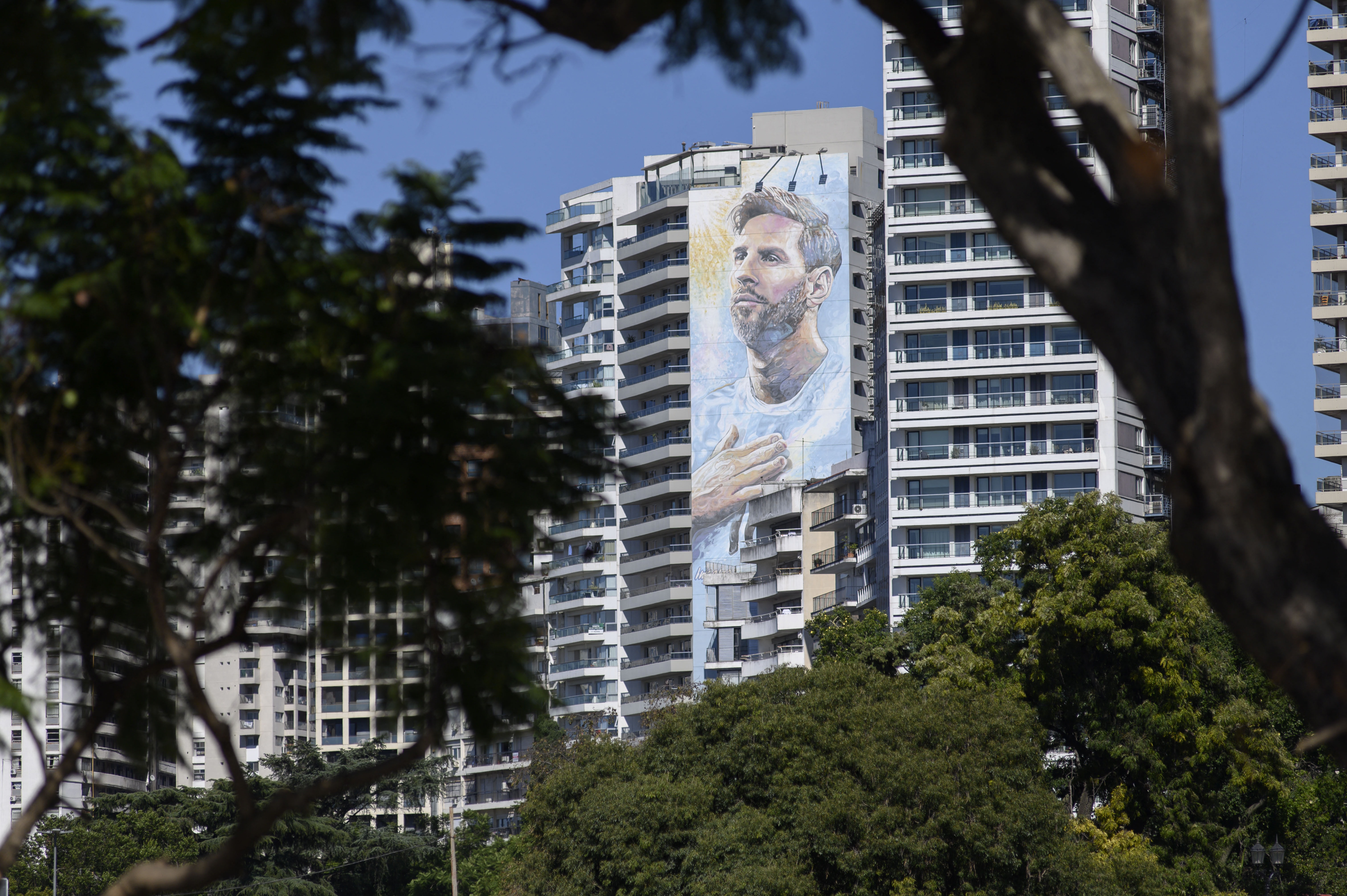 A mural of Argentine footballer Lionel Messi is seen on a residential building in Rosario, Santa Fe province, Argentina, 2026.