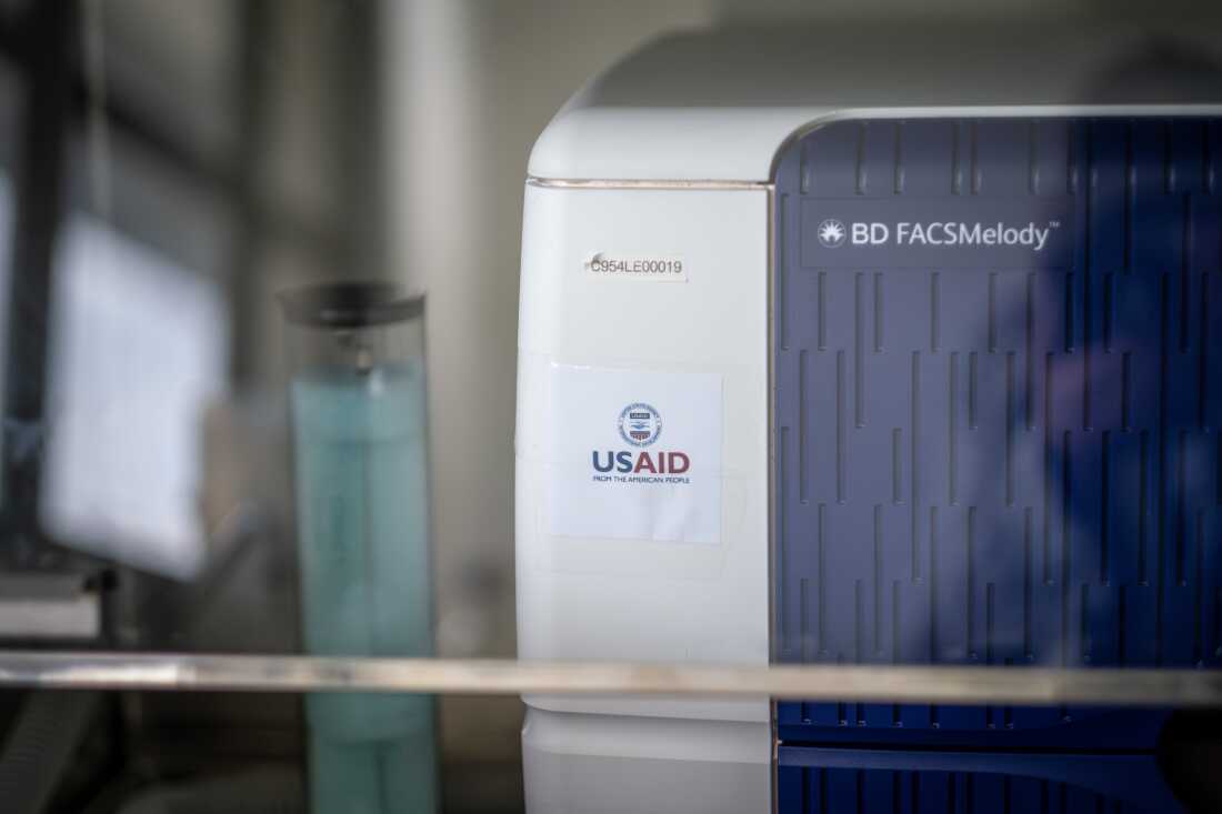 A flow cytometer funded by USAID is seen at the National Health Laboratory Service in Johannesburg, South Africa, where scientists have been working to develop a new vaccine against HIV. The project has been badly impacted by the loss of USAID funding in early 2025.