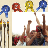A photo of contestants from Survivor cheering, surrounded by cartoon illustrations of prize ribbons and torches.