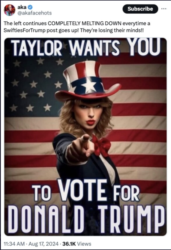 Donald Trump reposted this AI-generated image of Taylor Swift on social media.