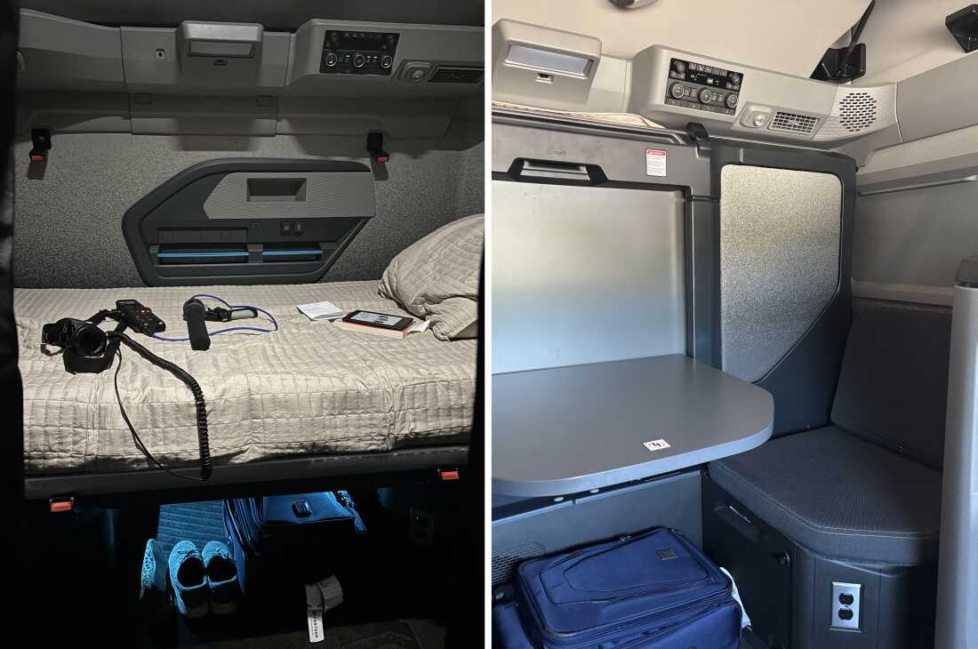 Left: ReadNOW audio recording equipment sits on the fold-down bed of a Volvo VNL. Right: A view of the same area with the bed folded up and the table flipped down. 