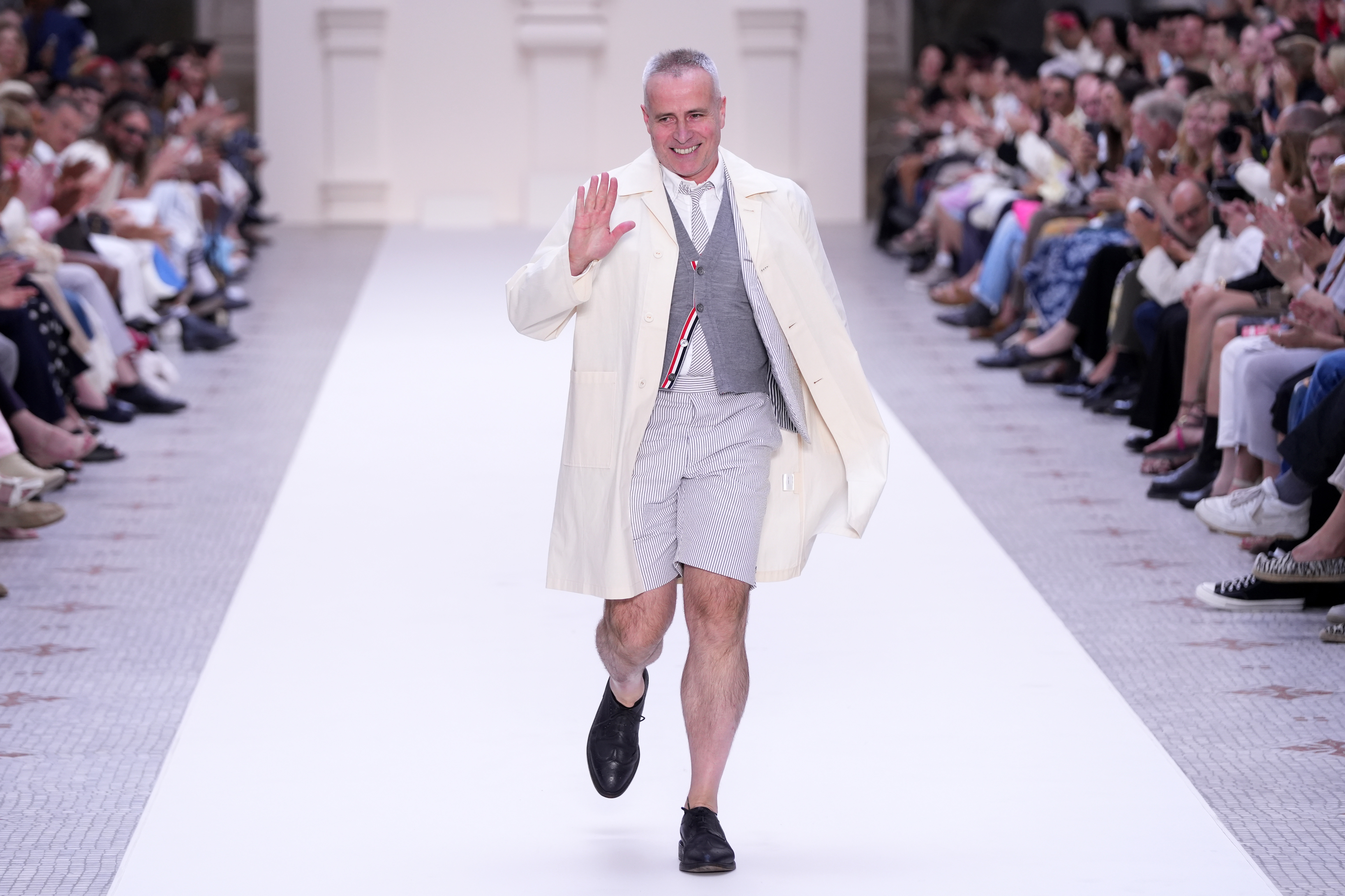 Designer Thom Browne acknowledges the applause of the audience after the Thom Browne Haute Couture Fall/Winter 2024-2025 show as part of Paris Fashion Week on June 24, 2024 in Paris, France.