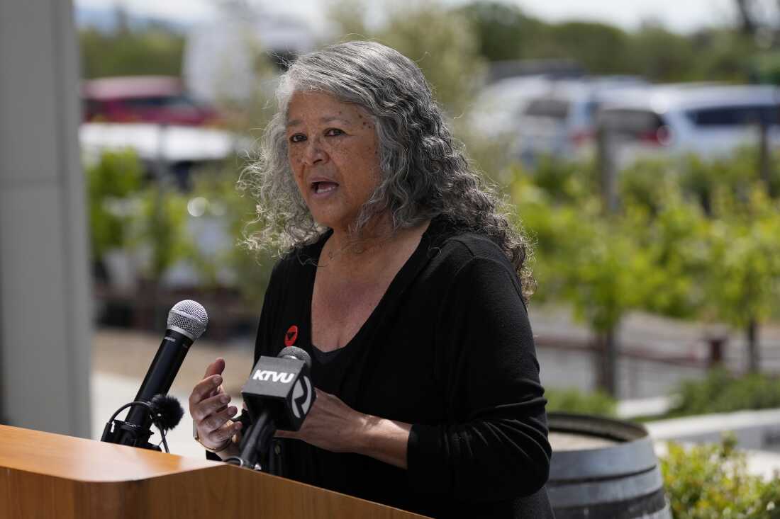 Teresa Romero, president of United Farm Workers, speaks at a news conference at Balletto Vineyards in Santa Rosa, Calif., Friday, April 26, 2024.