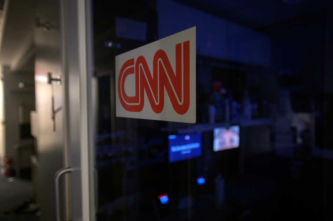 A logo on a booth for CNN is seen in the press area at the White House, Saturday, Sept. 26, 2026, in Washington.