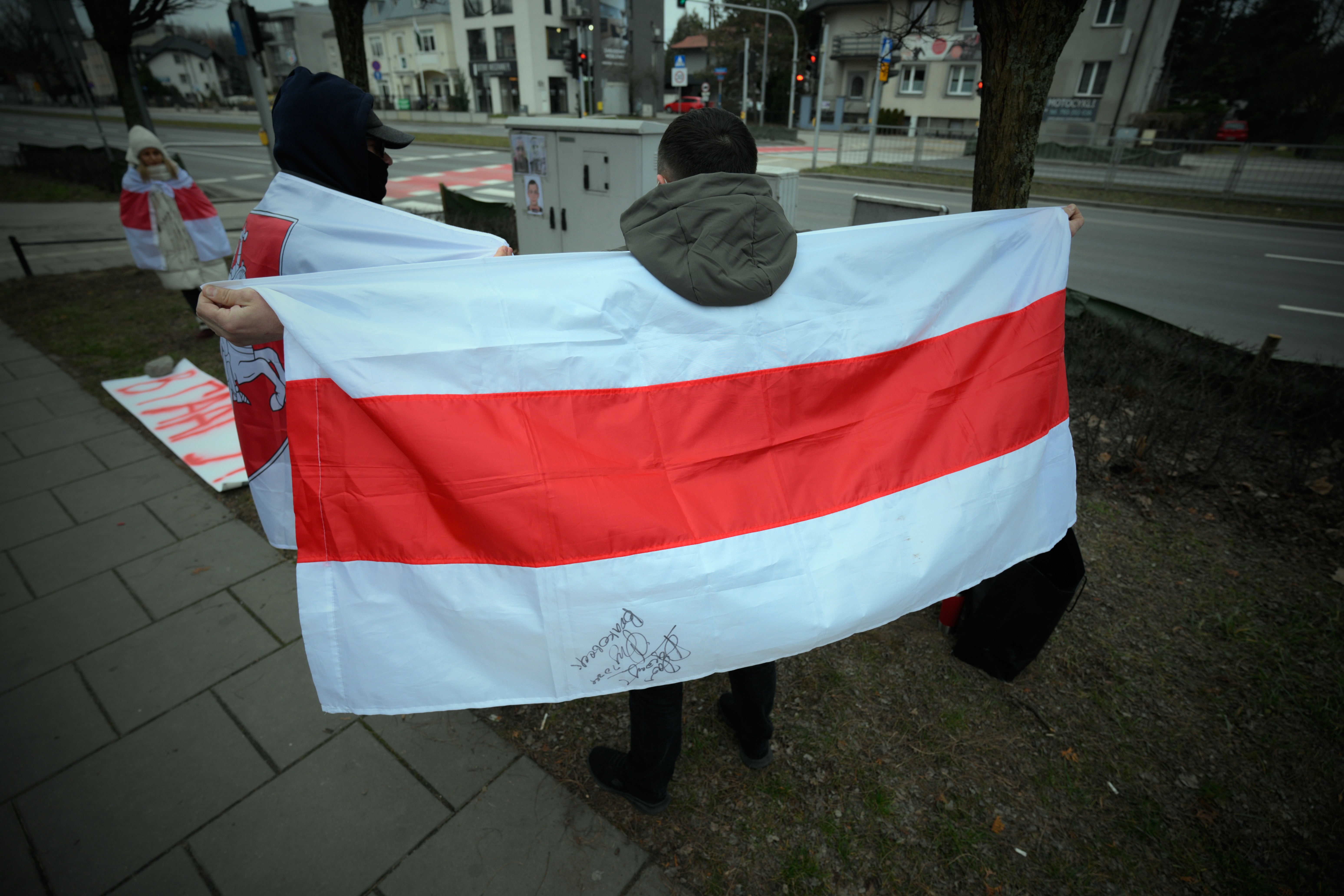 People demonstrate against political persecution in front of a Belarusian embassy on Jan. 26, 2025.