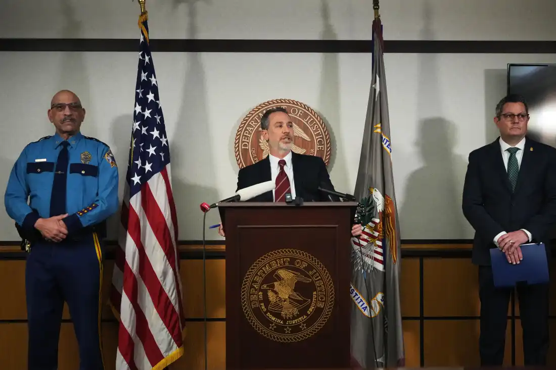 U.S. Attorney for the District of Alaska Michael J. Heyman holds a news conference on a criminal investigation related to an alleged scheme to confuse voters by putting a Senate candidate on the ballot with the same name as the Republican incumbent, at the James M. Fitzgerald U.S. Courthouse and Federal Building, Friday, Oct. 30, 2026, in Anchorage, Alaska.