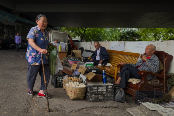 An elderly woman holding leafy vegetables and a cane walks past two street vendors selling farm produce and traditional goods under an overpass in Chongqing, China.