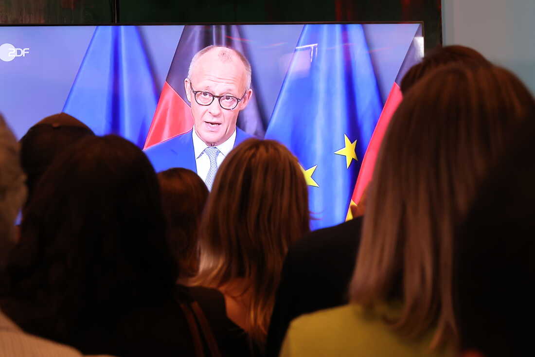 Supporters of the Christian Democratic Union (CDU), German Chancellor Friedrich Merz appears on a screen in a TV studio following the closure of polling stations in Mecklenburg-Western Pomerania state elections on September 20, 2026 in Berlin, Germany. The election is a close race between the leftist Die Linke, the Christian Democratic Union (CDU) and the far-right Alternative for Germany (AfD). The SPD are currently in fifth place but could play a decisive role in the formation of a coalition.