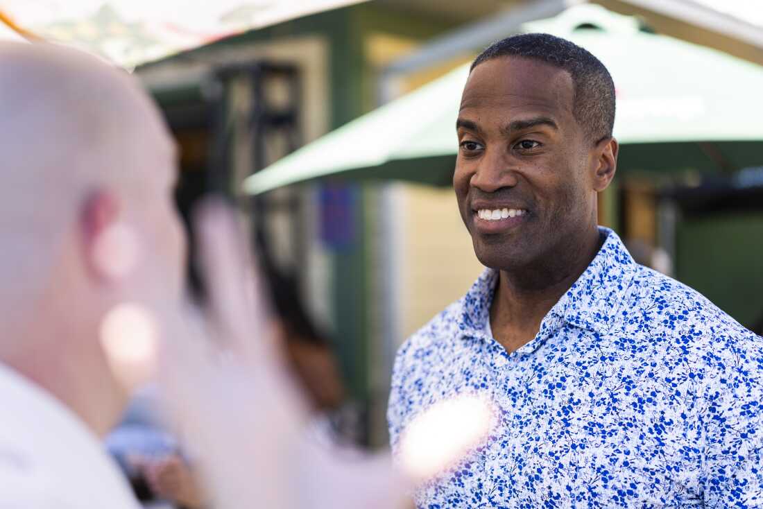 HARRISON TOWNSHIP, MICHIGAN - AUGUST 03: Republican gubernatorial candidate John James speaks to attendees during a Macomb County primary eve party at Bumpers Landing on August 03, 2026 in Harrison Township, Michigan. James faces businessman Perry Johnson in Michigan's Republican primary on Tuesday August 4.