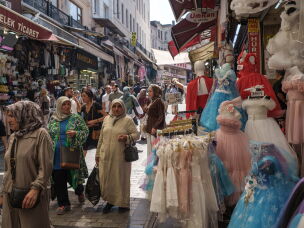 Locals and visitors shop for traditional wedding items at the historic MahmutpaÅŸa Bazaar, next to the Grand Bazaar in Fatih, Istanbul, Turkey, on Aug. 26, 2026.
MahmutpaÅŸa is one of Istanbul's largest shopping areas and is known for its wide range of wedding goods, from bridal dresses and tuxedos to rugs and household items. Many people still come here to prepare for their weddings because of its affordable prices and wide selection.