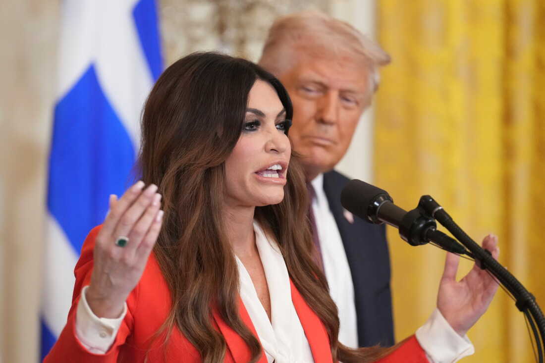 FILE - Kimberly Guilfoyle speaks as President Donald Trump listens at a reception celebrating Greek Independence Day in the East Room of the White House, March 24, 2025, in Washington.