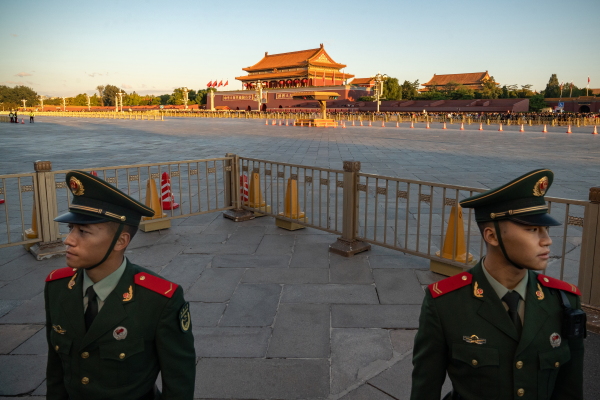 People's Liberation Army soldiers stand guard in Tiananmen Square at the end of the flag-raising ceremony marking the 75th anniversary of the founding of the People's Republic of China, in Beijing, on Oct. 1.