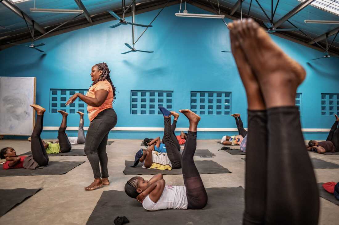 Buildher students take part in a yoga class at the training facility in Nairobi, Kenya.