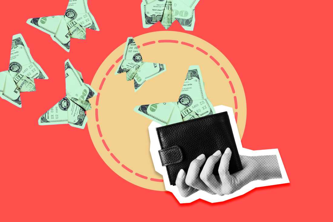 A collage shows a black-and-white photo of a hand holding a wallet against a light yellow circle on a red background. Origami butterflies made out of 100-dollar bills fly out of the wallet, demonstrating the concept of how marketing tactics can entice people to spend money too easily.