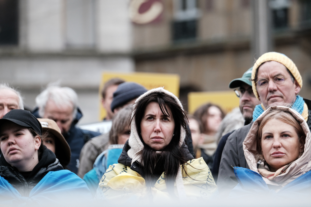 Members of the Ukrainian community and their supporters gather at Dam Square in Amsterdam on Feb. 22, marking four years of Russia's full-scale invasion of Ukraine.