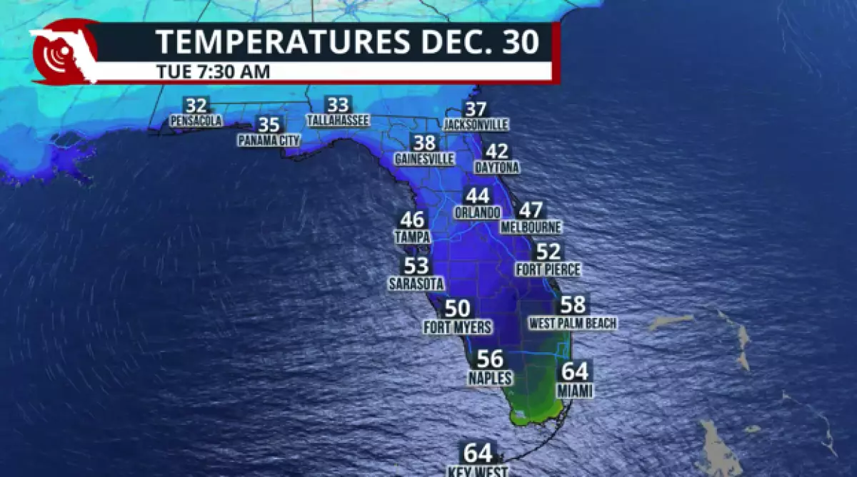 Forecast low temperatures on December 30.