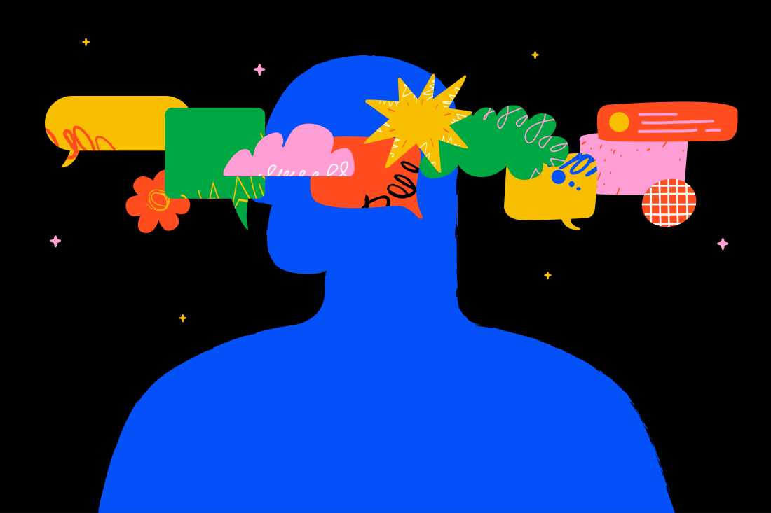 An abstract illustration of a bright blue human profile against a black background. The human head is surrounded by brightly-colored shapes — speech bubbles, starbursts, circles, rectangles, and flowers — symbolizing distractions and things competing for someone's attention.
