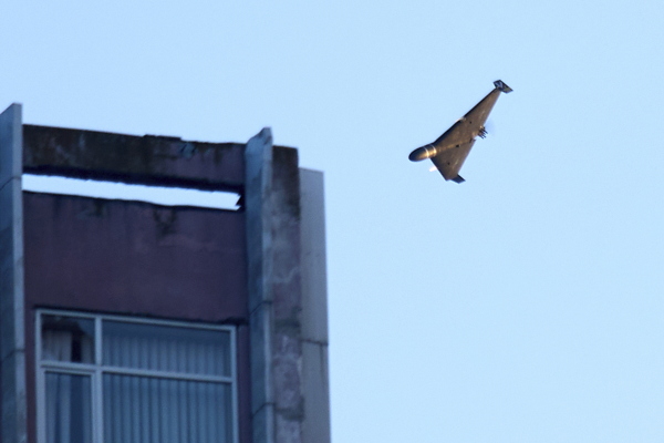A Russian drone attacks a building during Russia's massive missile and drone air attack in Kyiv, Ukraine, on Tuesday.