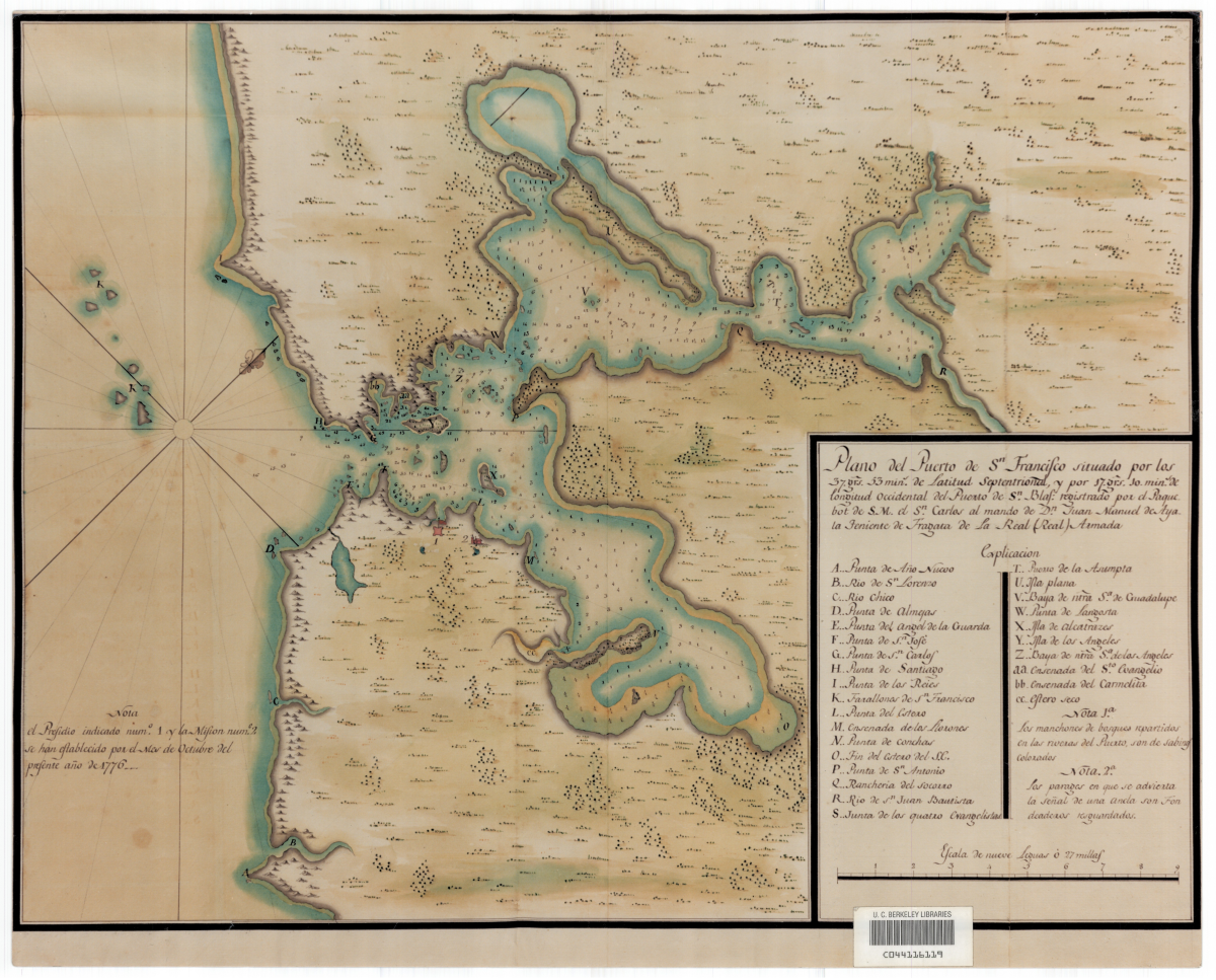 A chart of San Francisco Bay showing Alcatraz island that was made in 1775 during an expedition by Spanish explorer Juan Manuel de Ayala.