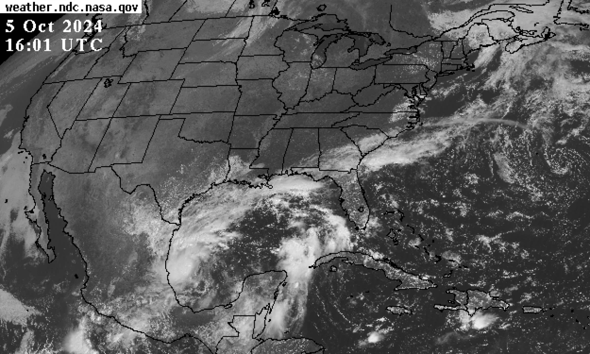 Weather satellite image of the U.S. taken on Saturday afternoon ET shows stormy conditions brewing in the Gulf Coast.