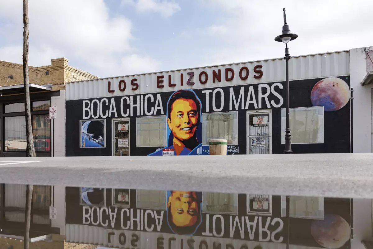A mural of Elon Musk in downtown Brownsville.