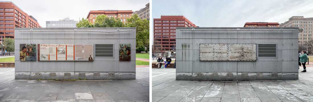 Information about the history of the slave trade, left, before it was removed, right, from The President’s House Site in Philadelphia.